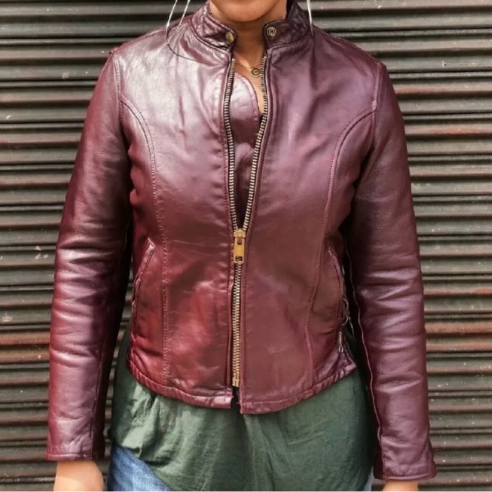 Vintage 1960s Oxblood Burgundy Cafe Racer Women's Leather Jacket - Small